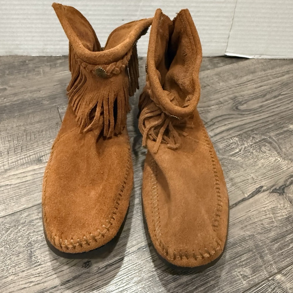 Minnetonka Women's 11 Brown Suede Fringe Ankle Boots Side Zip Moccasins Boho